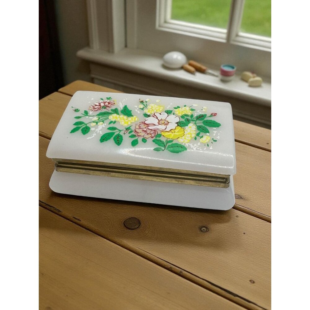 Vintage Hinged Lucite Trinket Box With Hand-Painted Floral Design & Gold-Tone